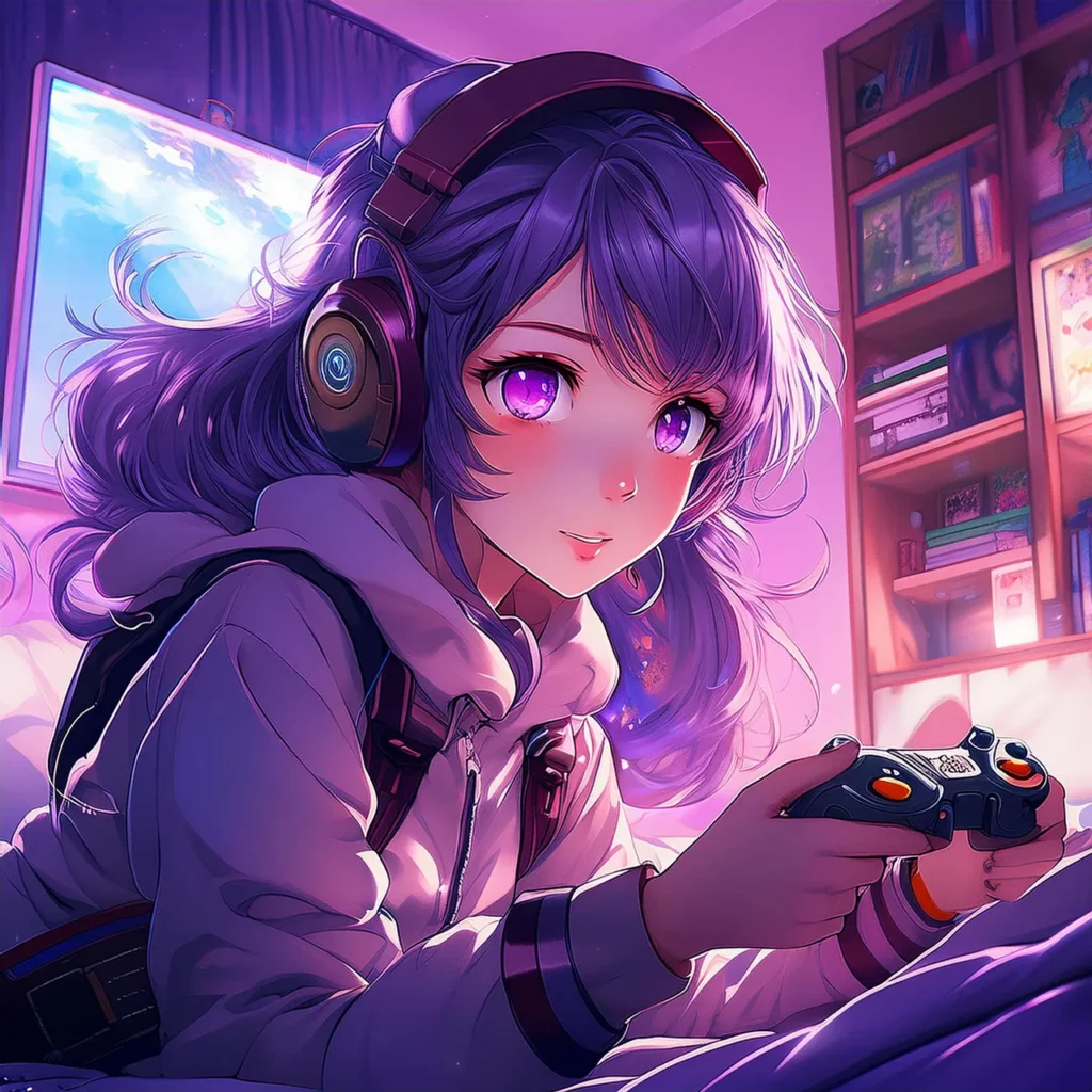 A vibrant, purple-toned anime illustration of a girl with bright purple hair and headphones, smiling while playing a video game with a controller in a cozy, neon-lit bedroom setting.