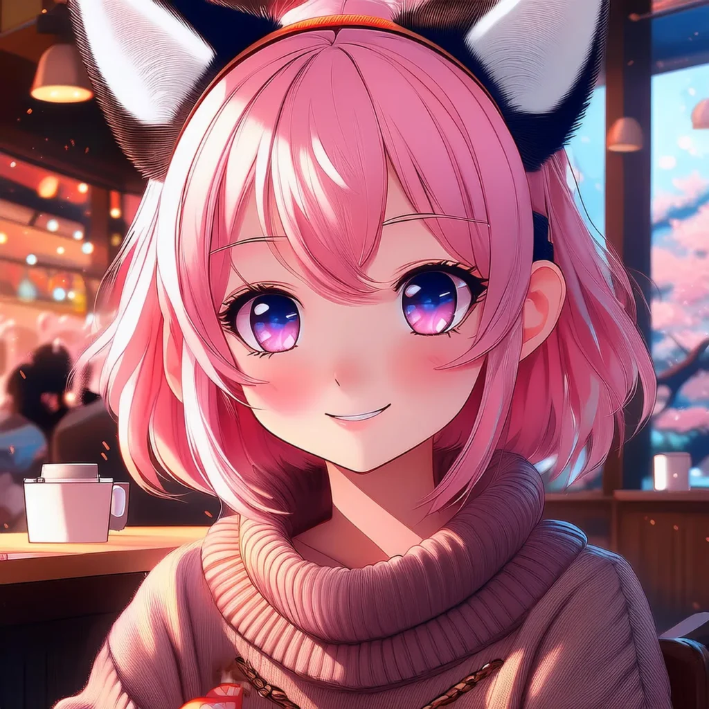A close-up, highly detailed anime illustration of a young girl with pink hair and cat ears, wearing a chunky sweater and smiling sweetly in a brightly lit, cozy indoor setting.