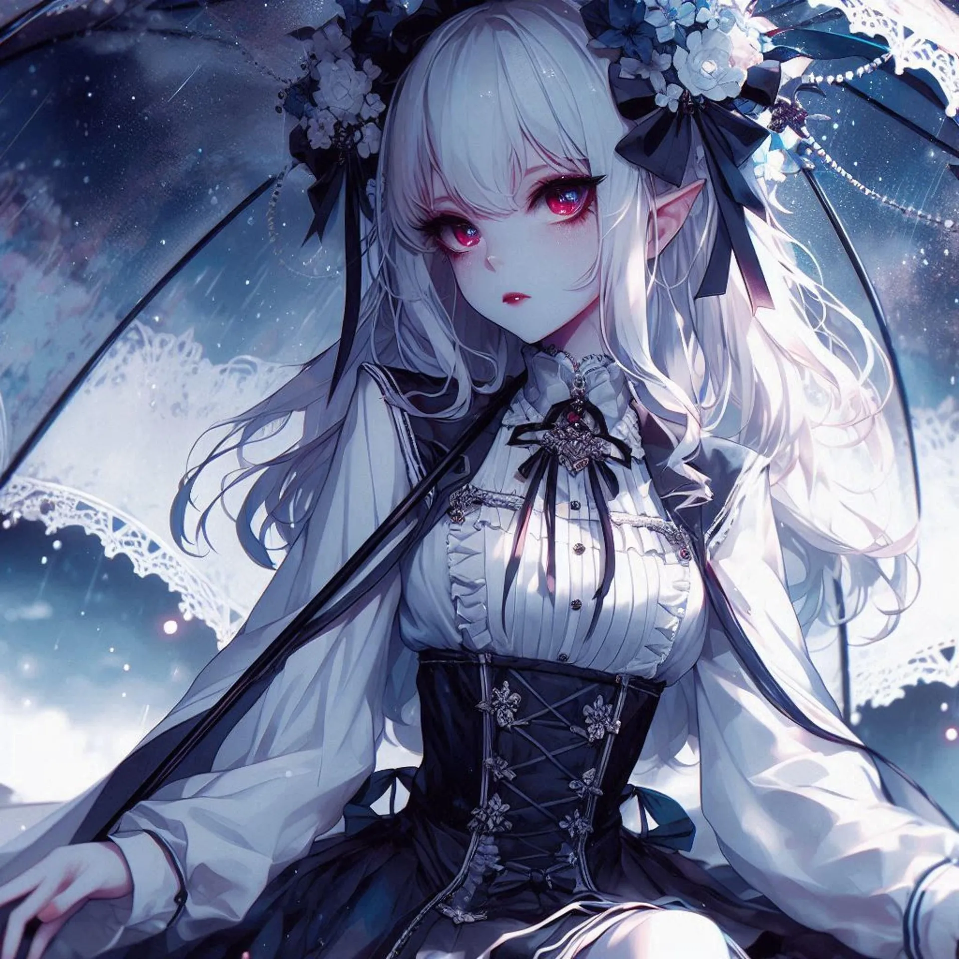 A high-detail digital anime-style illustration of a pale elf-eared girl with long white hair and striking red eyes. She wears an intricate black and white Victorian-style gothic dress with a corset and lace, holding a transparent lace umbrella under a starry, rainy night sky.