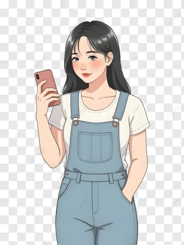 An anime-style illustration of a smiling girl with dark hair, wearing light blue denim overalls over a white t-shirt, holding a pink smartphone in one hand.