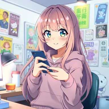 A brightly colored anime-style illustration of a girl with pink hair, wearing a hoodie, sitting at a desk and smiling while looking at her smartphone.