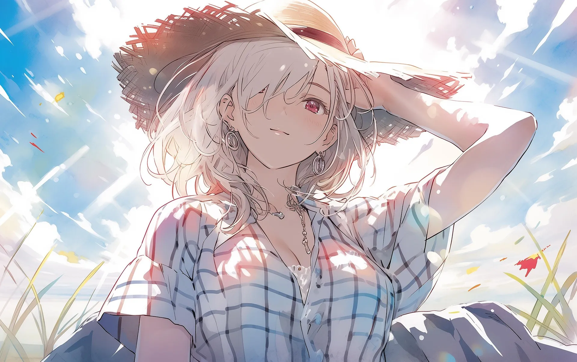 A bright, sunlit anime-style illustration of a girl with white hair wearing a straw hat and a blue checkered shirt against a blue sky.