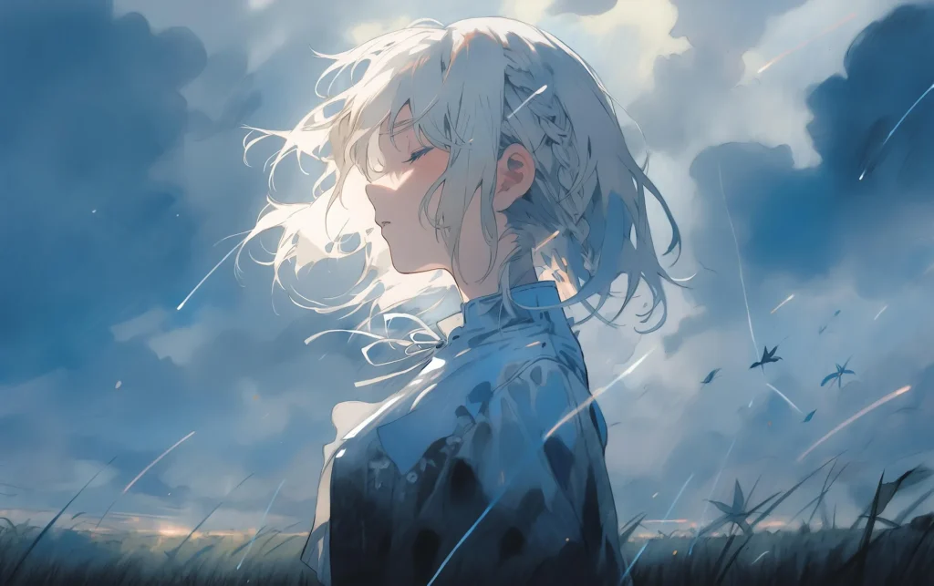A cinematic anime-style illustration of a young woman with short silver hair standing in a grassy field under a cloudy blue sky, with light catching her profile.