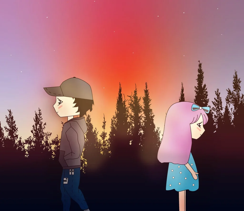 Anime-style illustration of a boy in a cap and hoodie and a girl with pink hair in a polka dot dress standing back-to-back against a sunset and pine tree background, representing a wholesome romance theme.