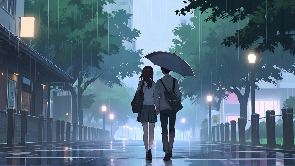 An anime-style illustration of a young couple walking down a rain-slicked city street at night under a single umbrella, representing the wholesome, romantic, and gentle themes of the vanilla genre in manga.