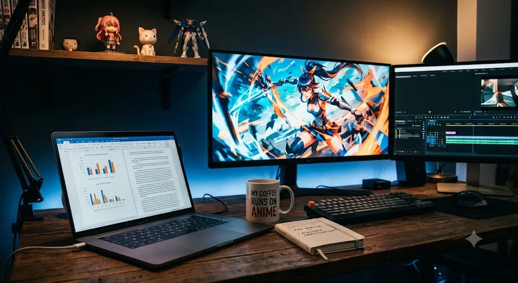 A modern computer workstation in a dark room with a wooden desk and two large monitors. On the desk are a laptop displaying charts, a mechanical keyboard, a mouse, a coffee mug that reads, “MY COFFEE RUNS ON ANIME”, and a notebook that reads, “FAN SERVICE - AUDIENCE GRATIFICATION?”. The two monitors display anime characters, and the left monitor is much brighter than the right. On a shelf above the desk are four anime figurines and three anime books.