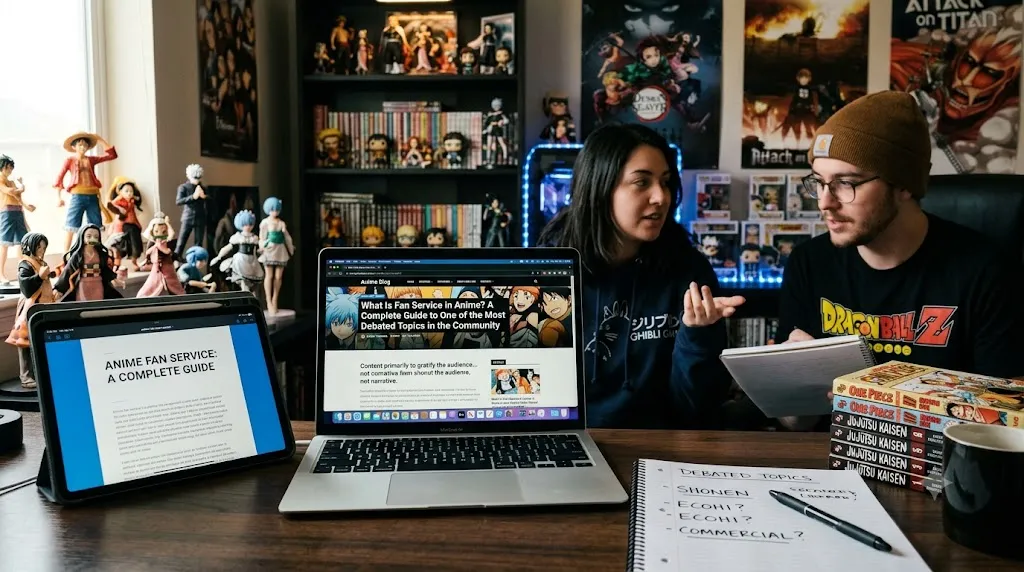 Two people sitting at a wooden desk collaborating on an article about anime fan service. On the desk, a laptop displays a blog post titled "What Is Fan Service in Anime? A Complete Guide to One of the Most Debated Topics in the Community," alongside a tablet showing an open guide document and a notebook with handwritten notes on "Debated Topics" like Shonen and Commercial logic. The background is an anime fan’s room filled with manga volumes, posters from popular series, and collectible figurines.