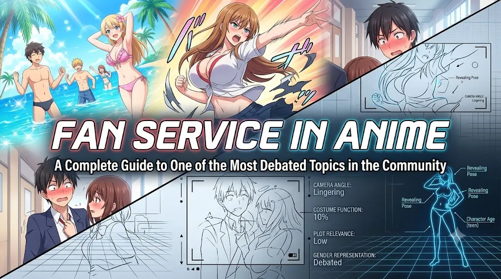 A split-screen digital illustration titled "FAN SERVICE IN ANIME: A Complete Guide to One of the Most Debated Topics in the Community." The left side depicts classic anime fan service tropes in a bright, colorful animation style, including characters at a sunny tropical beach in swimwear, an action scene with torn clothing, and a flustered romantic comedy trope. The right side and bottom half shift to a muted, analytical tech grid aesthetic, breaking down the tropes with camera viewfinder lines, wireframes, and design analysis labels like "Camera Angle: Lingering," "Plot Relevance: Low," and "Gender Representation: Debated."
