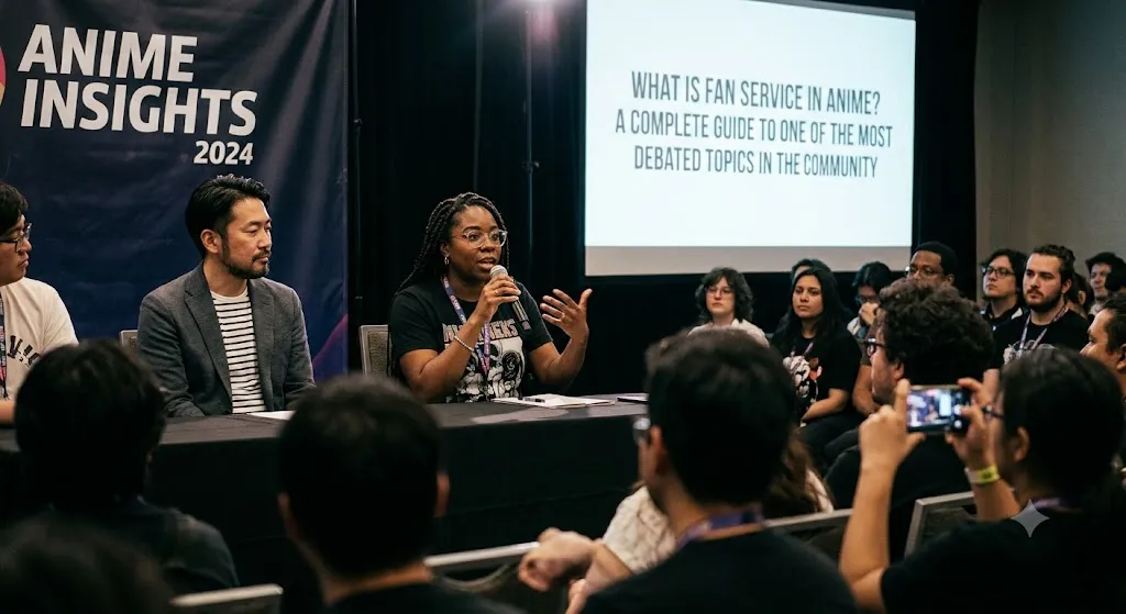 A realistic photograph of a panel discussion at an anime convention titled "Anime Insights." A Black woman with glasses speaks into a microphone at a stage table alongside other panelists, addressing an engaged audience. In the background, a large projection screen displays the presentation title: "What Is Fan Service in Anime? A Complete Guide to One of the Most Debated Topics in the Community."