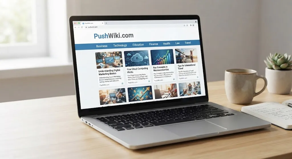 PushWiki.com homepage showing category navigation and article previews on a laptop screen