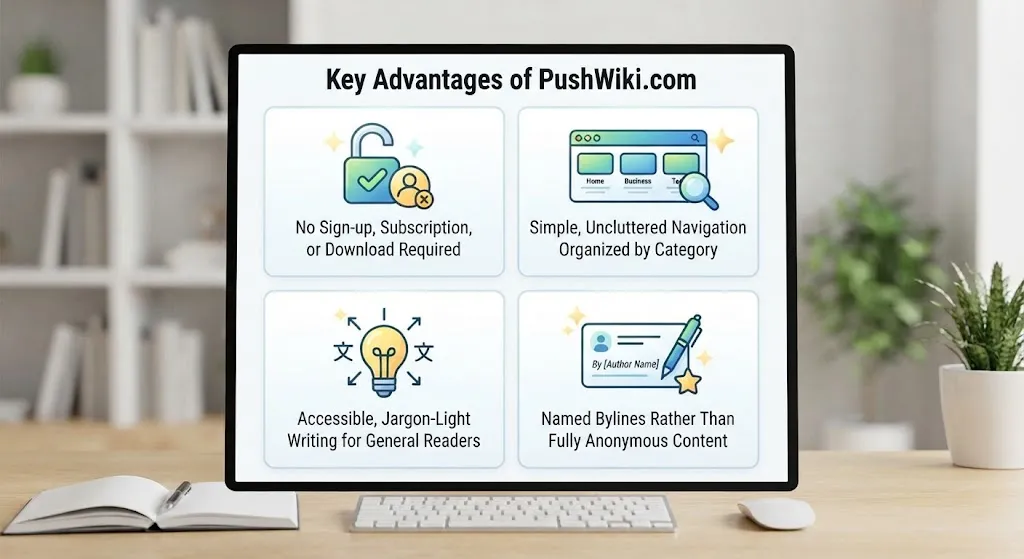 Infographic highlighting the key advantages of PushWiki.com including free access, clean navigation, accessible writing, and named bylines