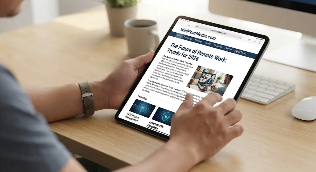 Person browsing WallPostMedia.com digital publication articles on a tablet device