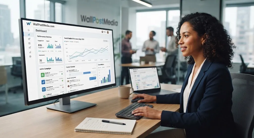 A professional woman using a desktop computer in an office, displaying the WallPostMedia.com analytics dashboard on a large monitor.