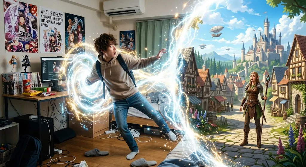 A split image showing a teenager stepping out of a modern bedroom and through a glowing magic portal into a vibrant fantasy kingdom, illustrating the isekai anime genre.