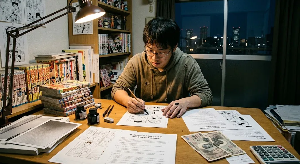 A Japanese mangaka sitting late at night at his studio desk, inking a manga page surrounded by publishing contracts, yen notes, a calculator, ink bottles, and stacks of manga volumes.