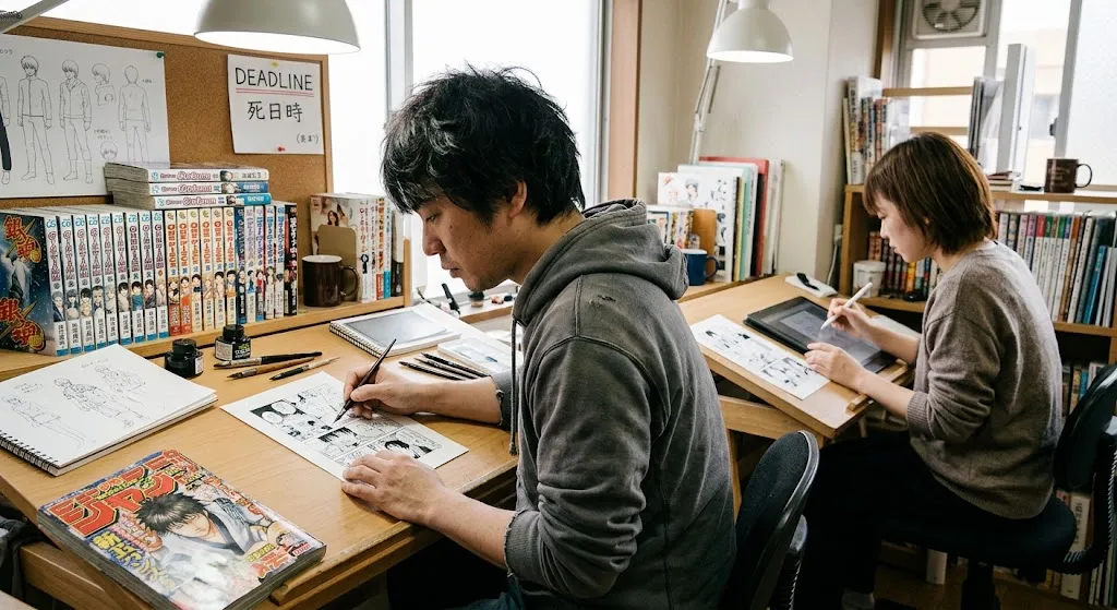 A candid, photojournalism-style photograph capturing a manga artist and his assistant working under tight deadlines in a densely packed Japanese studio. In the foreground, a male mangaka (manga artist) in his late 20s, with slightly disheveled dark hair and wearing a charcoal grey hoodie, is intensely focused, leaning over a light table. He is hand-drawing a detailed manga page panel with an ink pen. His large wooden desk is a organized chaos of tools: a glass bottle of ink, several brushes, a tablet and stylus, numerous sketchpads, and a stack of printed, colored manga volumes including Gintama and One Piece. Positioned prominently in the foreground is a manga magazine, Weekly Shonen Jump, with vibrant cover art, emphasizing the publication industry. In the middle ground to the right, a female assistant, wearing a light grey sweater, sits at her own desk with a digital tablet and laptop, focused on digital coloring or cleaning up other pages. Both desks are surrounded by floor-to-ceiling bookshelves overflowing with hundreds of manga books, volumes, reference materials, and binders, creating a sense of deep immersion. On the corkboard behind the main artist, a large handwritten "DEADLINE" sign (in English and Japanese) is pinned, reinforcing the time pressure. The studio is small, warmly lit by natural daylight from a window and two articulated desk lamps. The camera angle is medium, capturing the atmosphere, focus, and the realistic working conditions. The depth of field is relatively shallow, drawing the viewer into the details of the immediate workspace while maintaining a textured, cluttered context.