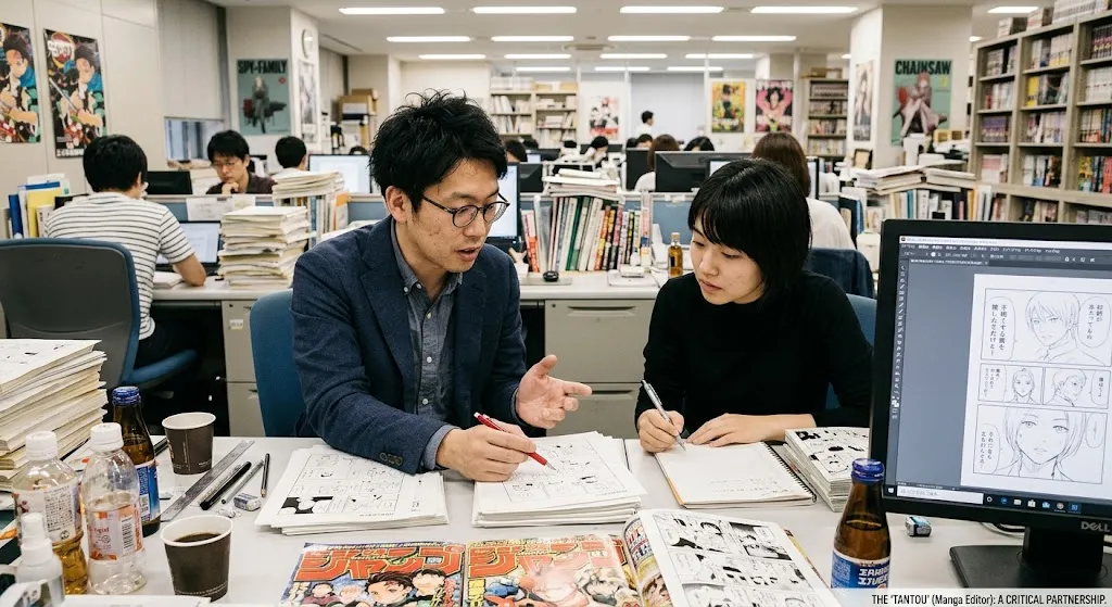 An interactive working session between a Japanese manga editor (tantou) holding a red pen and a manga creator (mangaka) taking notes over rough storyboards (name) inside a bustling publishing office filled with manga manuscripts, magazines, and posters.