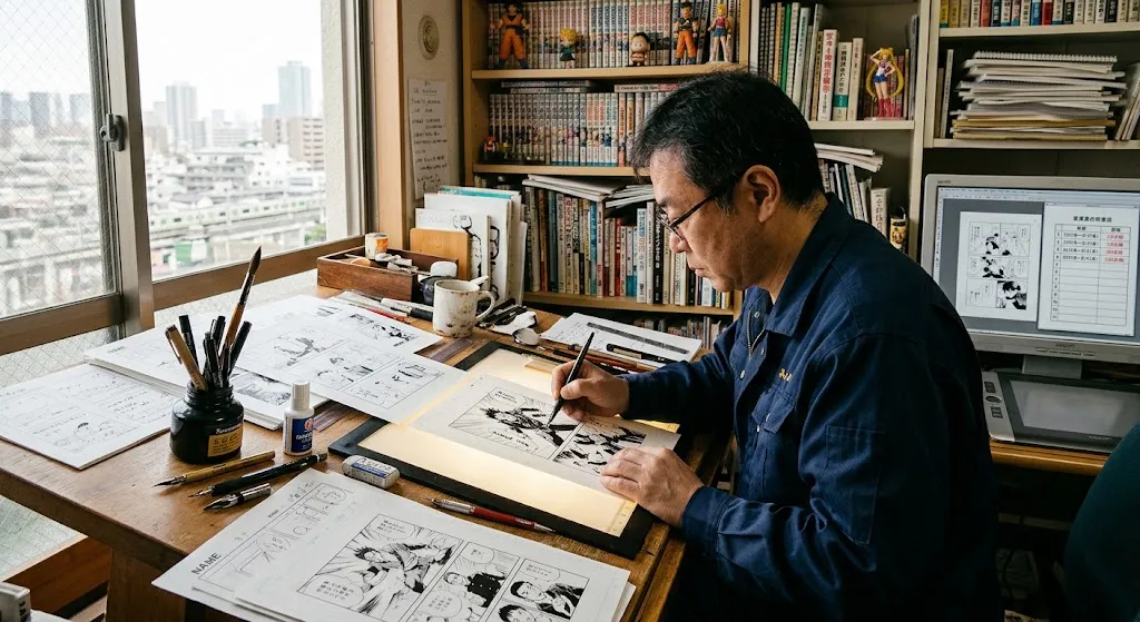 A middle-aged Japanese mangaka in a blue jacket carefully inking a manga page on a glowing lightbox at a wooden desk filled with ink bottles, dip pens, storyboard drafts, and shelves lined with manga volumes.