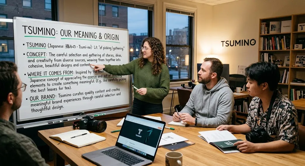 A modern creative team gathered in a brightly lit office around a whiteboard explaining the meaning and Japanese linguistic origins of the brand name Tsumino.