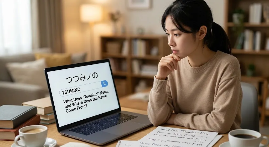 An Asian woman sitting at a cozy desk researching on a laptop, with the screen displaying Japanese characters and the text "What Does 'Tsumino' Mean, and Where Does the Name Come From?".